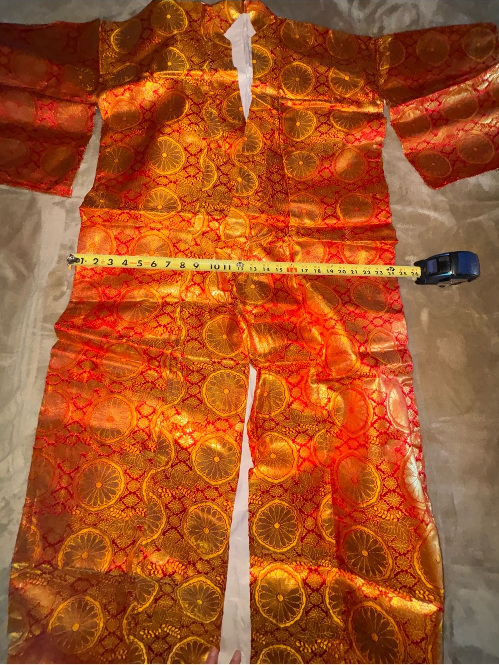 Vintage Japanese Silk Brocade Kimono Robe Large Metallic Orange & Gold Pattern - Picture 10 of 15